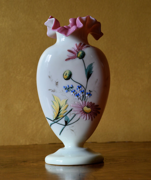 Antique Hand Painted Floral Vase with Pink Frill Rim