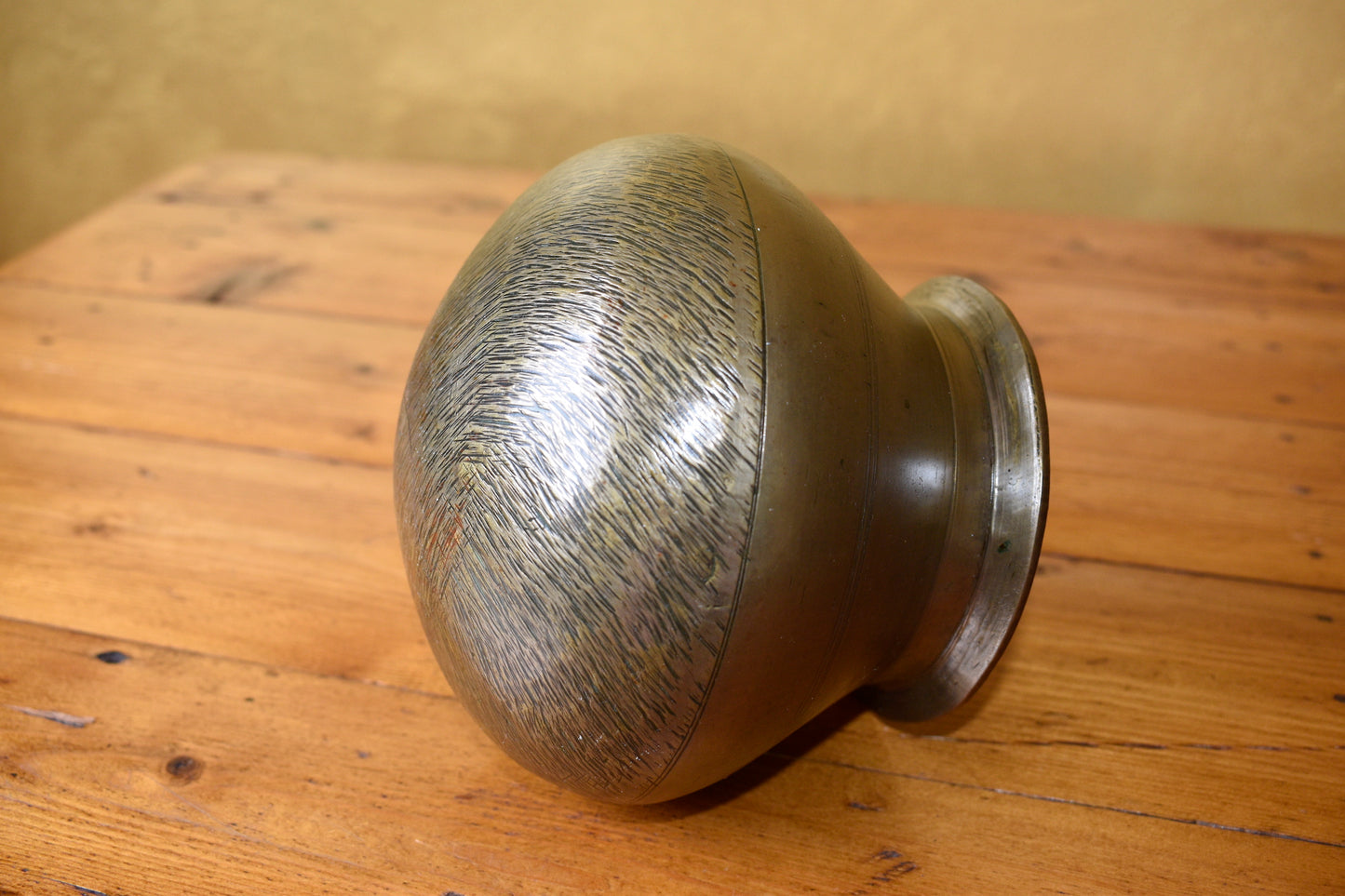 Antique Cast Brass Pot with Rounded Base and Cedar Folder Table