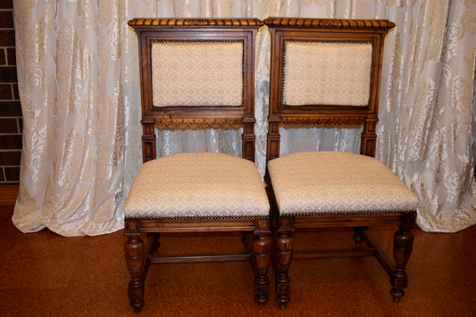 Antique French Walnut Gold Print Chairs Pair