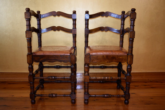 Antique French Ladder Corner Chairs with Dragon Design Leather Seat Pair