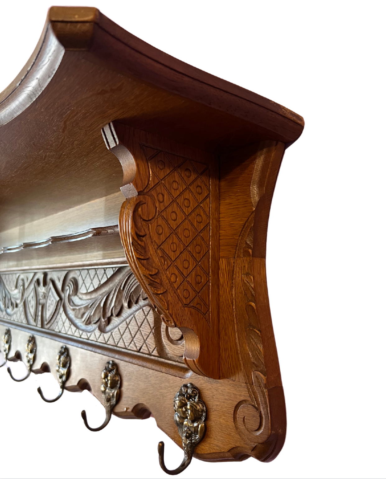 French Carved Detail Oak Coat Hat Rack