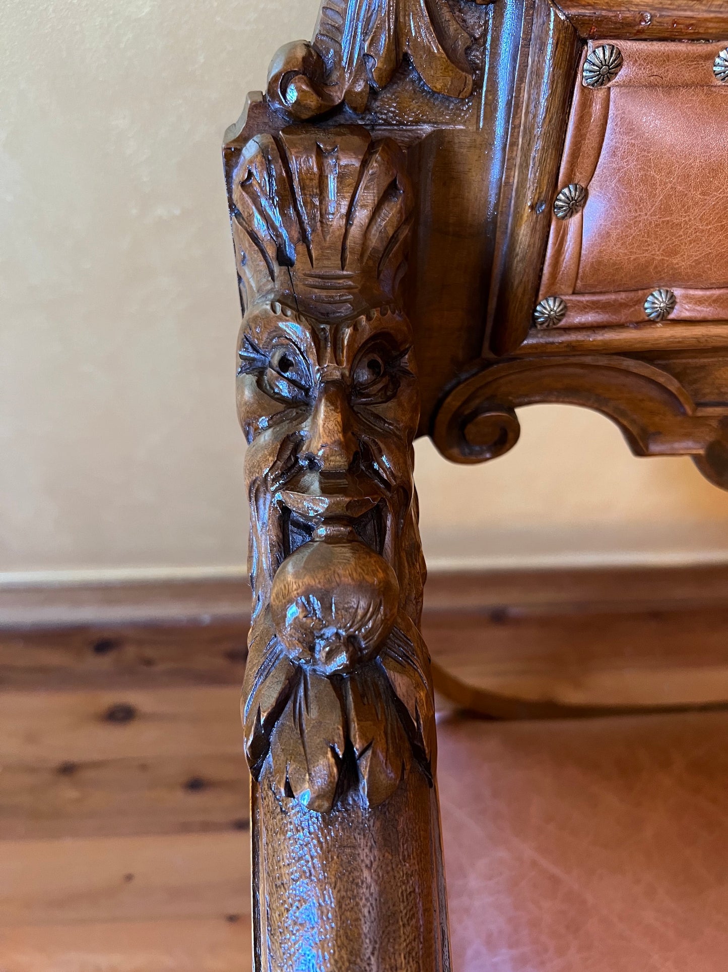 French Leather & Oak Savonarola Dragon Armchair