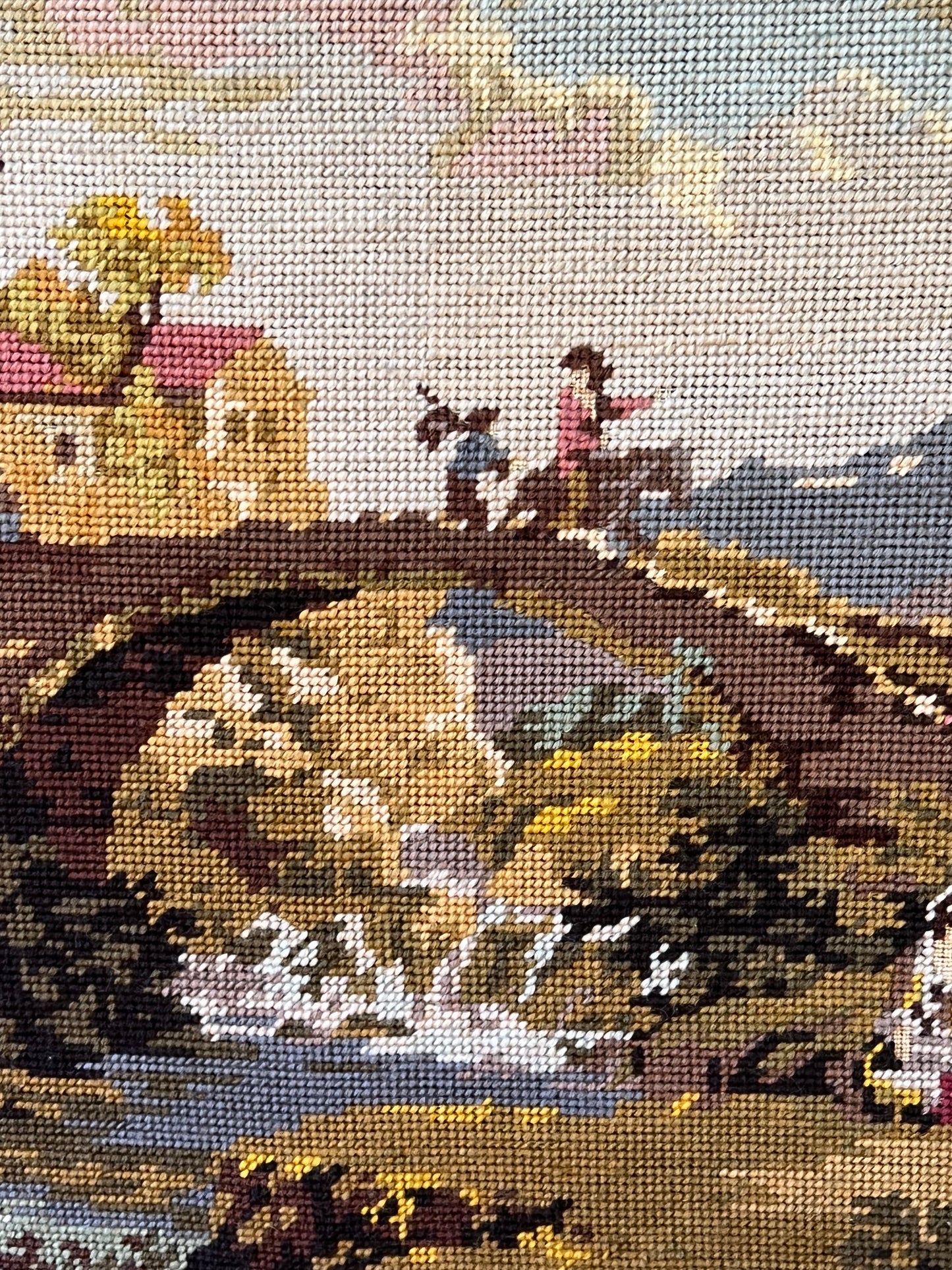 French Village Tapestry Gilt Framed 