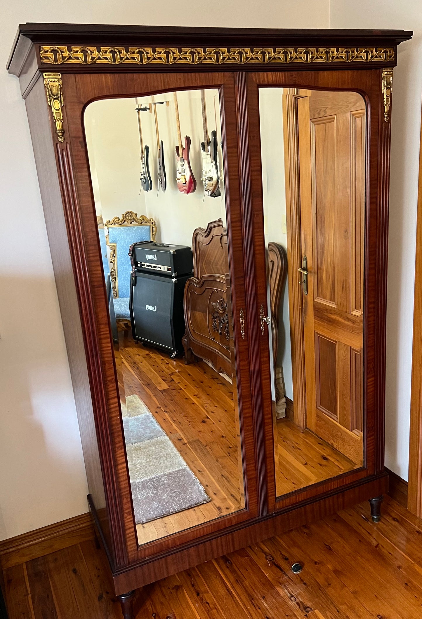 French Walnut Two Mirror Draw Wardrobe Armoire