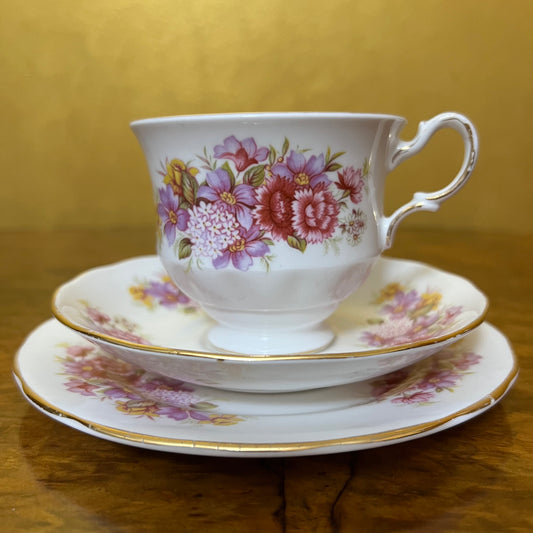 Vintage Queen Anne Pink Floral Tea Cup Trio