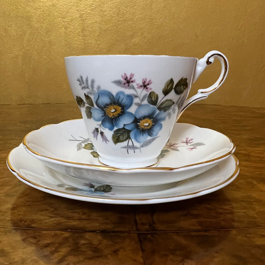 Vintage Regency Blue Floral Tea Cup Trio