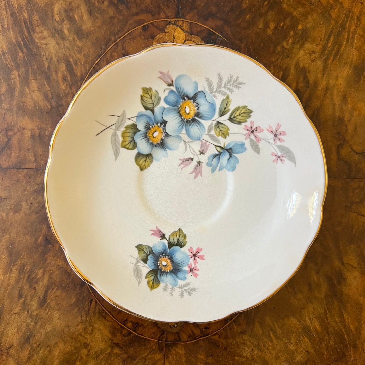 Vintage Regency Blue Floral Tea Cup Trio