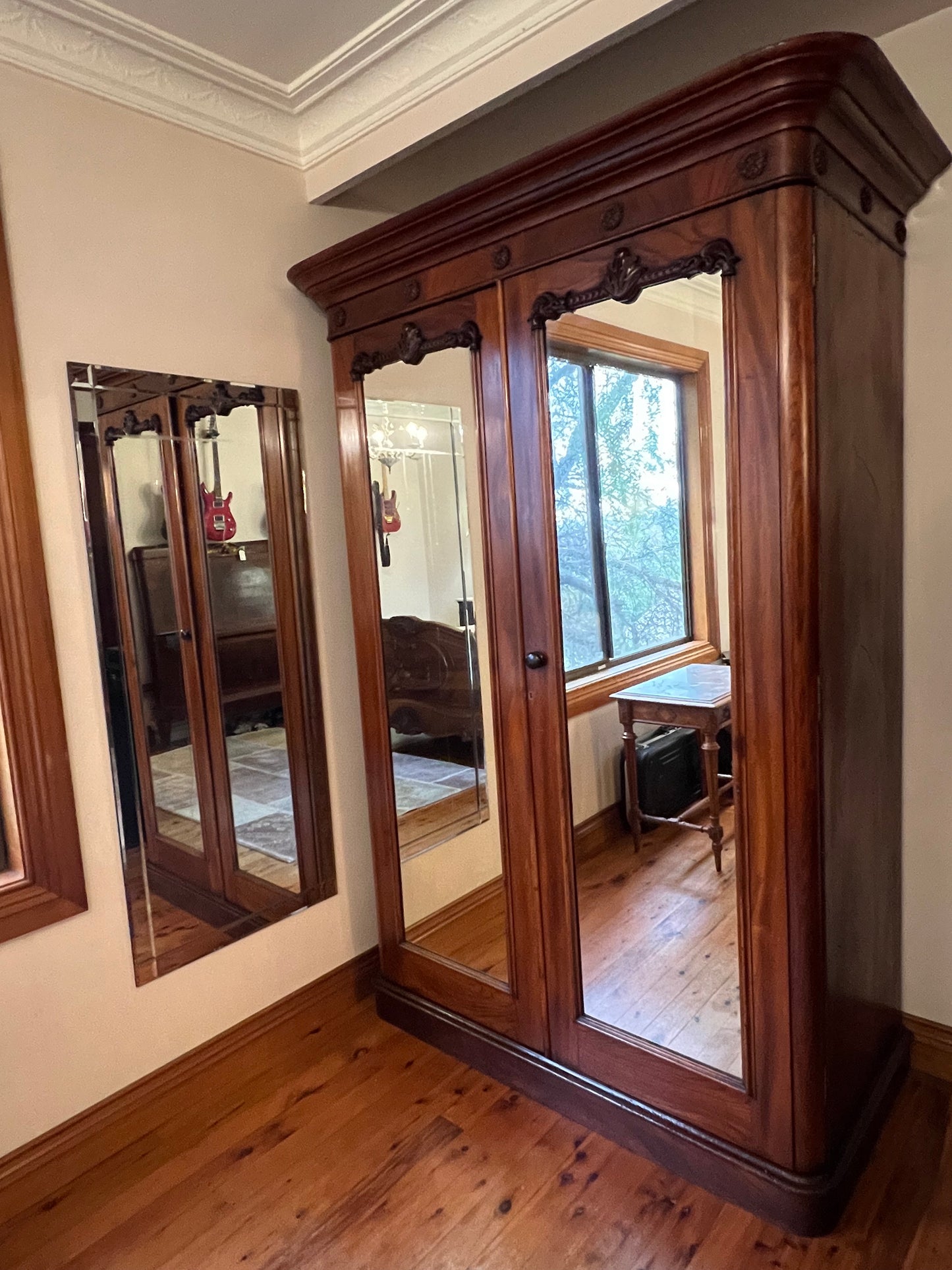Antique Australian Cedar Two Mirror Door Wardrobe