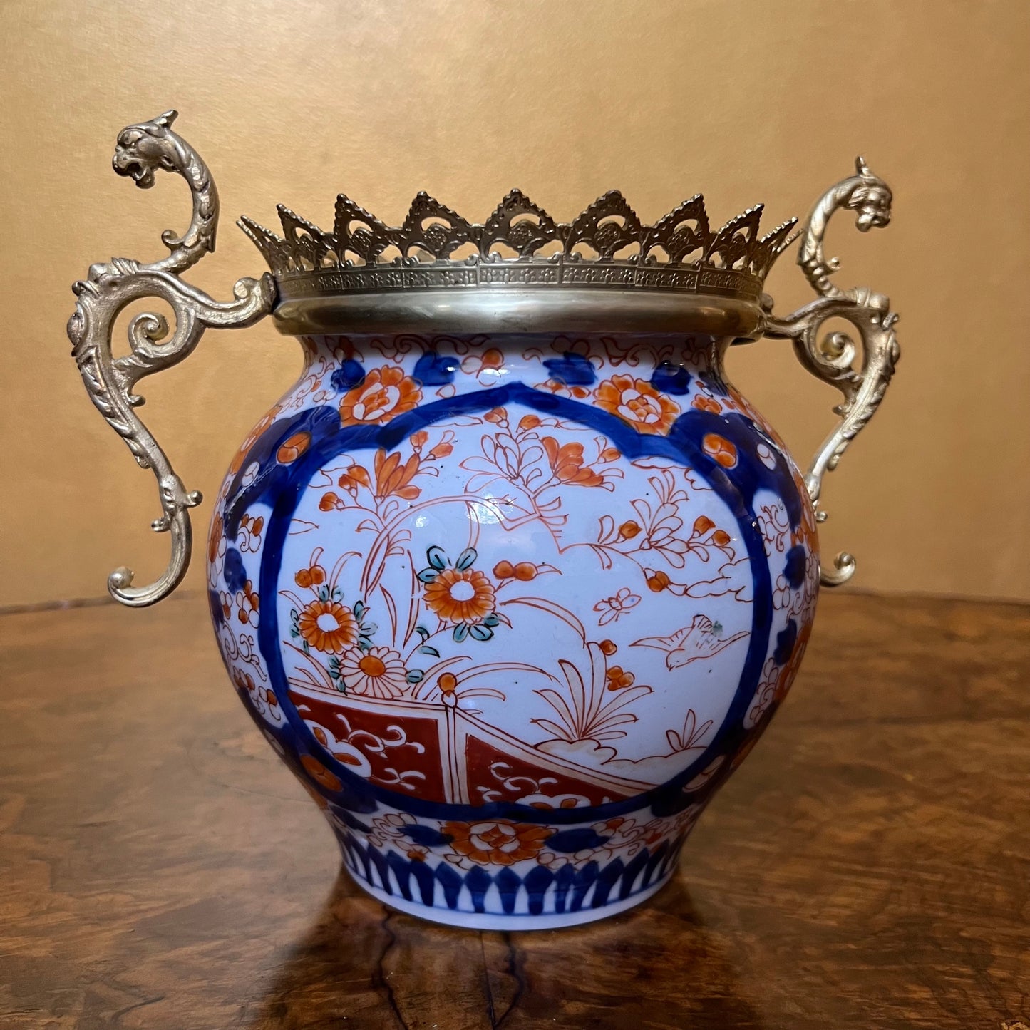 Antique Japanese Imari With Brass Dragon Handles Jardinière