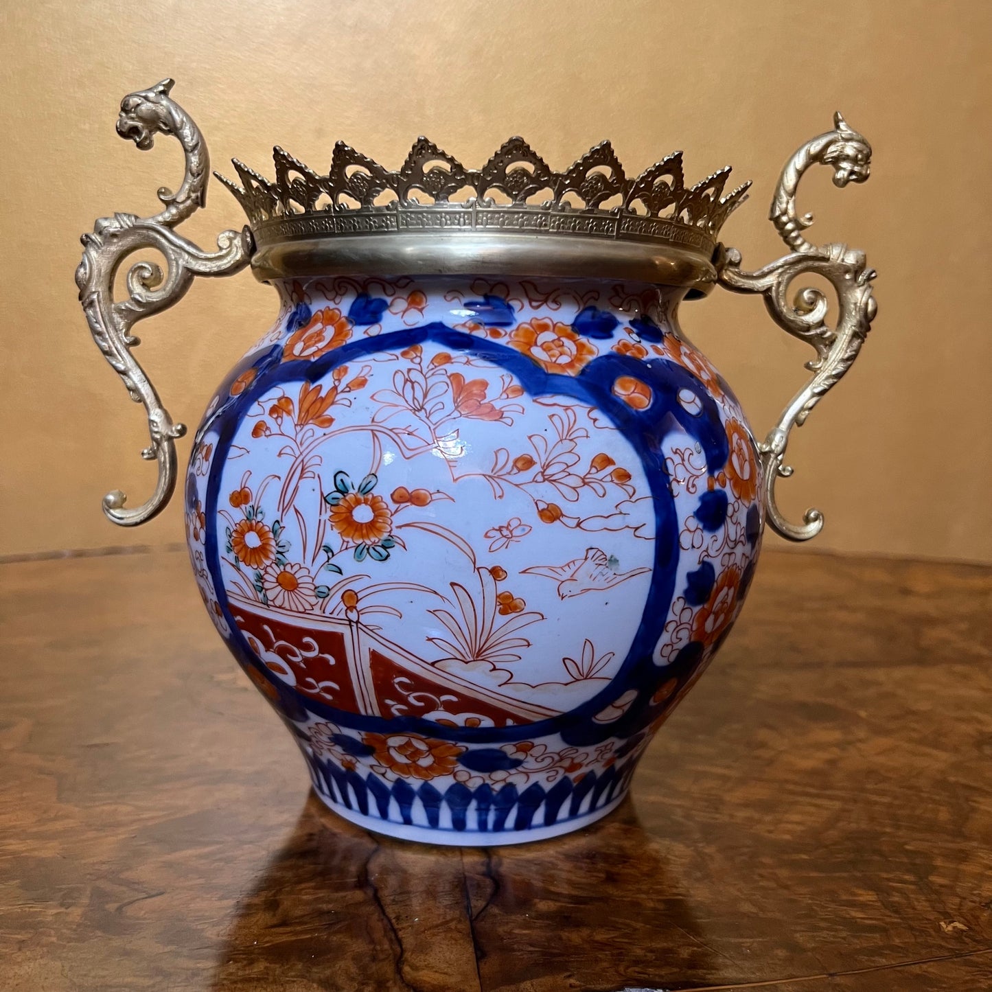 Antique Japanese Imari With Brass Dragon Handles Jardinière