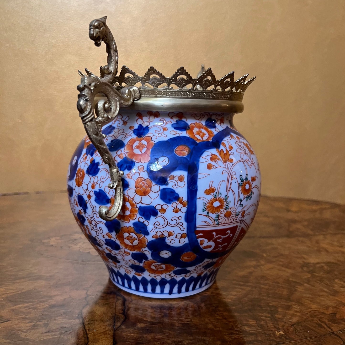 Antique Japanese Imari With Brass Dragon Handles Jardinière