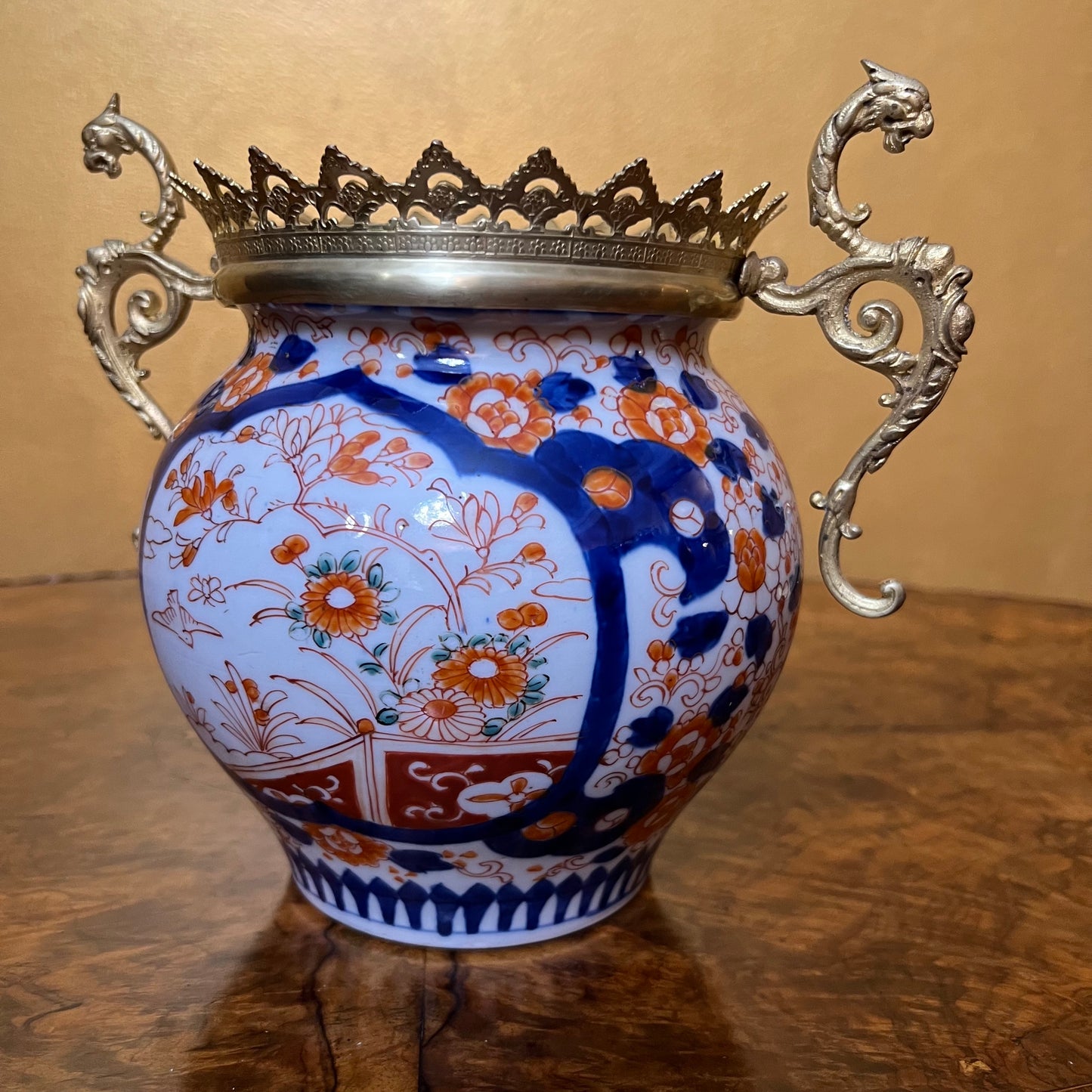 Antique Japanese Imari With Brass Dragon Handles Jardinière