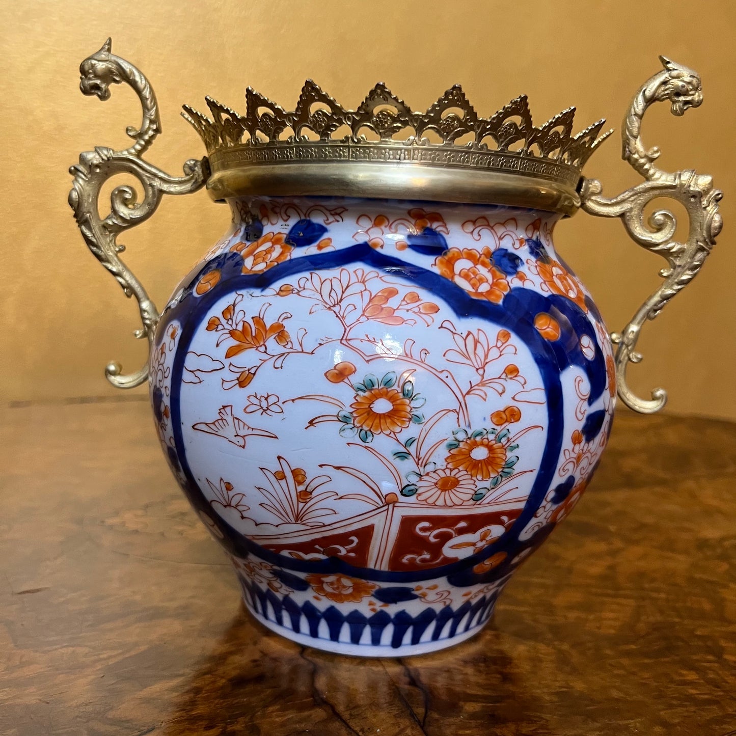 Antique Japanese Imari With Brass Dragon Handles Jardinière