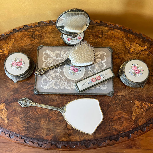 Vintage Embroidery Ladies Dressing Table 7 Pieces Set