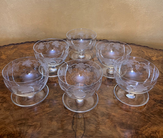Vintage Crystal Etched Grapes & Leave Desert Glasses Set of 6