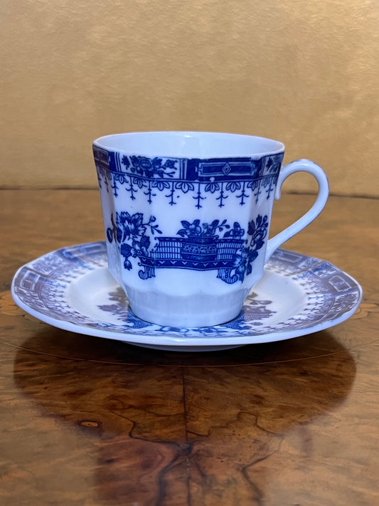 Vintage Blue & White Print Tea Cup & Saucer