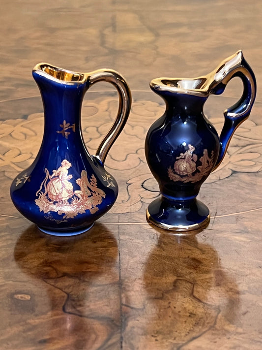 Vintage Limoges France Miniature Navy Gold Two Jugs