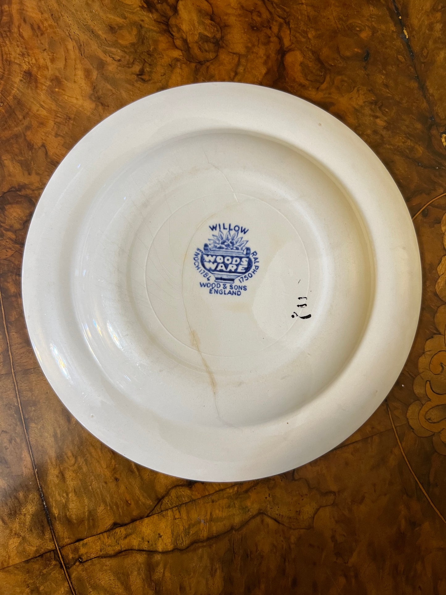 Antique Willow Blue White Print by Woods & Sons Plate