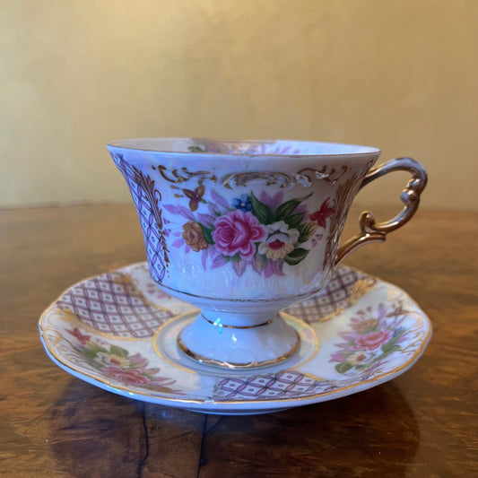 Floral & Gold Pearl Like Tea Cup & Saucer