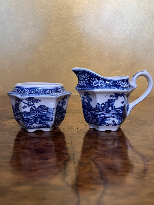 Vintage John Sadler Blue & White Print Milk & Sugar Set