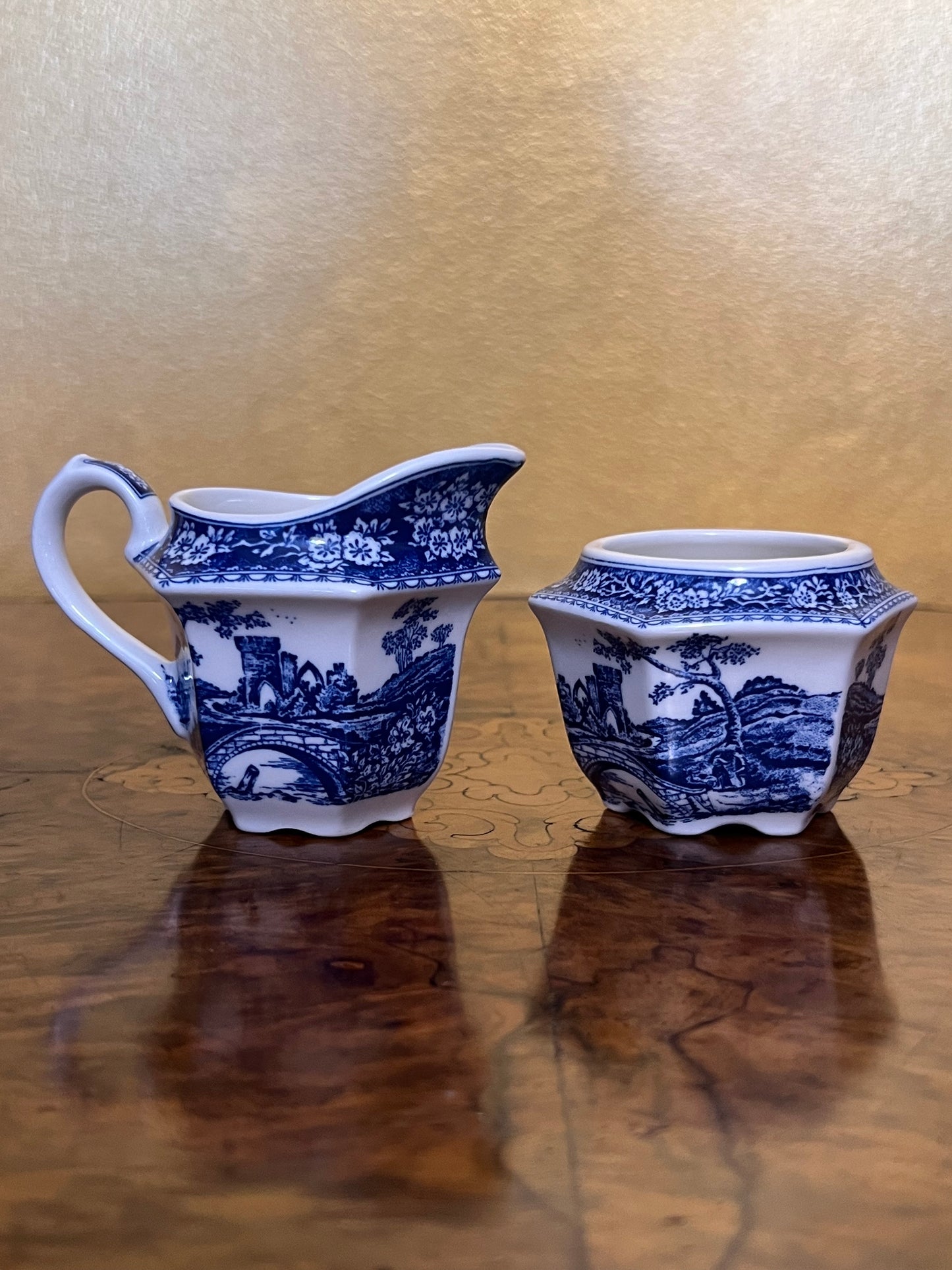 Vintage John Sadler Blue & White Print Milk & Sugar Set