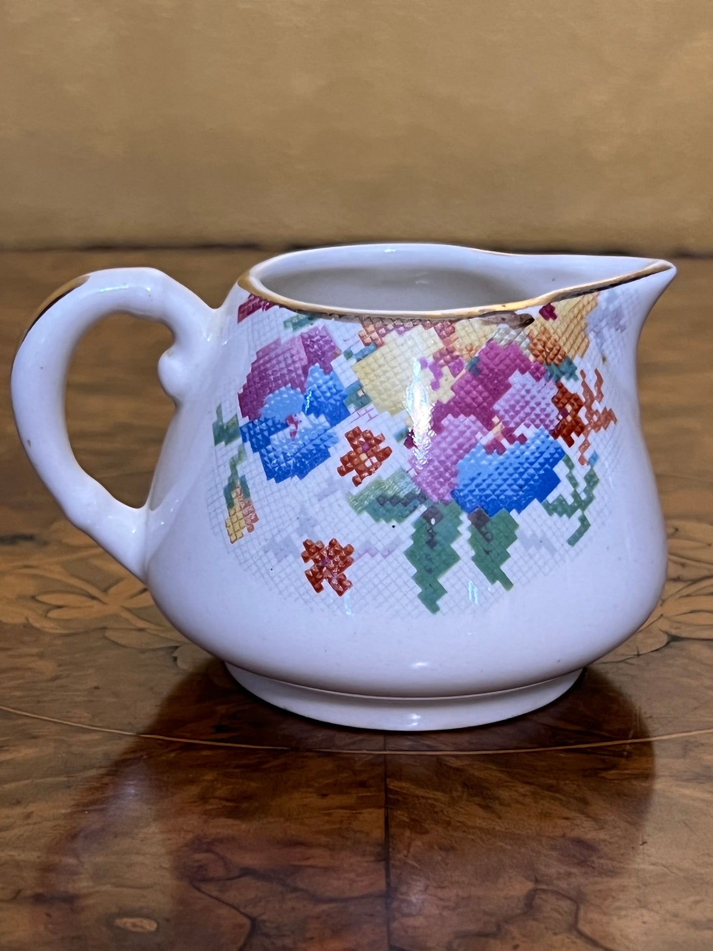 Vintage Lancaster Hanley Cross Stitch Floral Print Milk Jug