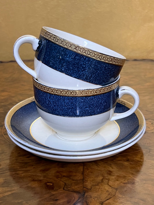 Vintage Burleigh Balmoral Navy Gold Tea Cup & Saucer Pair