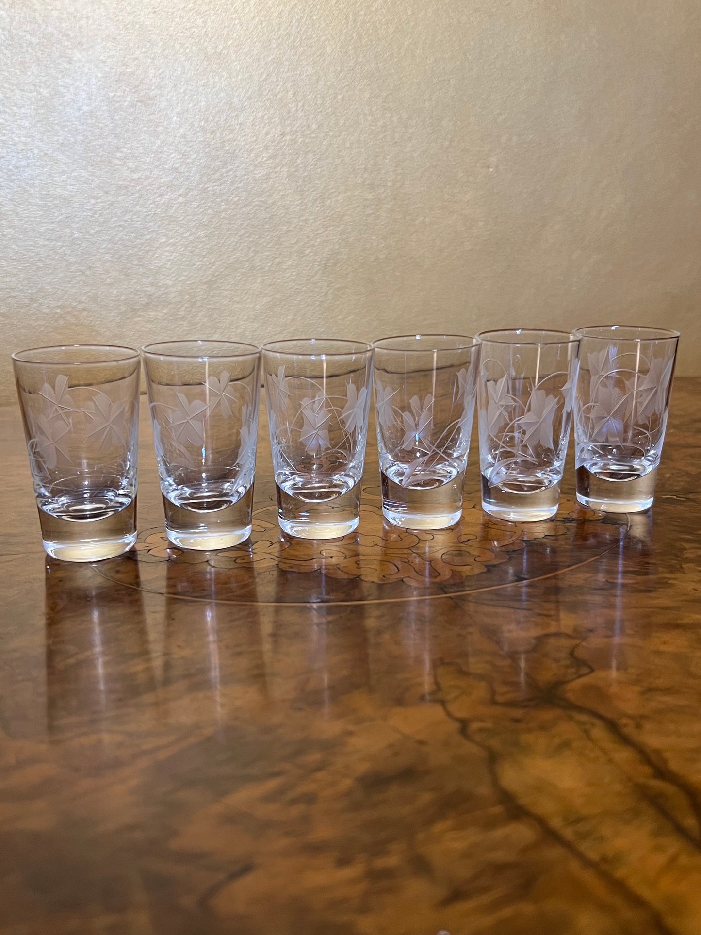 Vintage Etched Floral Design Shot Glasses Set Of Six