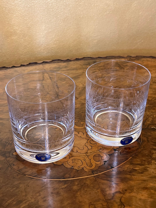 Vintage Bohemia Etched Whisky Glasses Pair