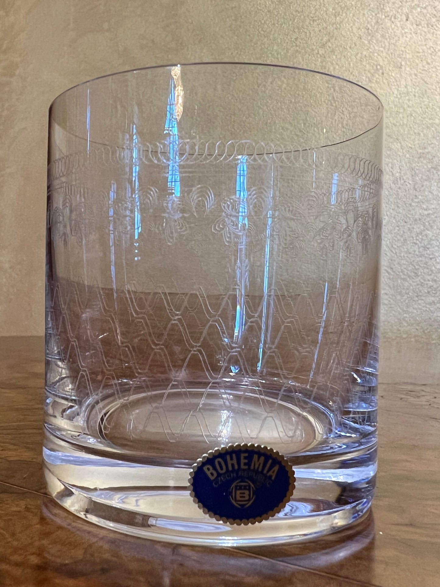 Vintage Bohemia Etched Whisky Glasses Pair