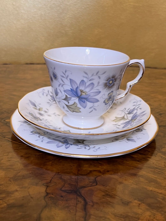 Vintage Colclough Rhapsody Blue Floral Tea Cup Trio Set