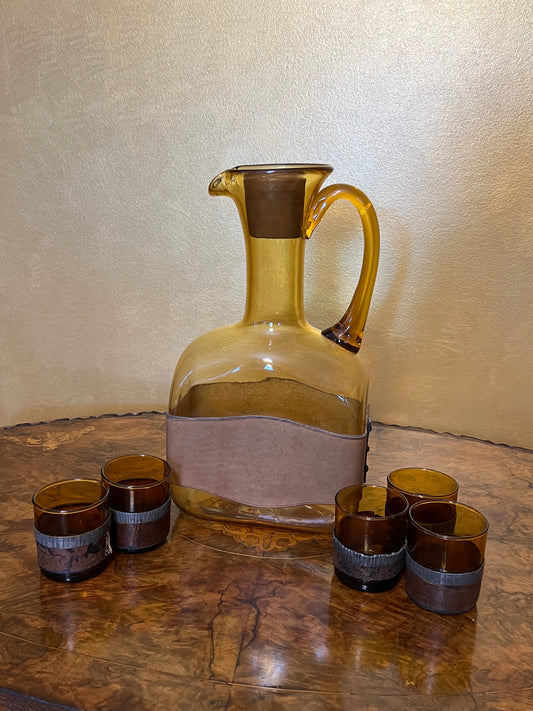 Vintage Spanish Jug With Leather Band & Five Matching Cups