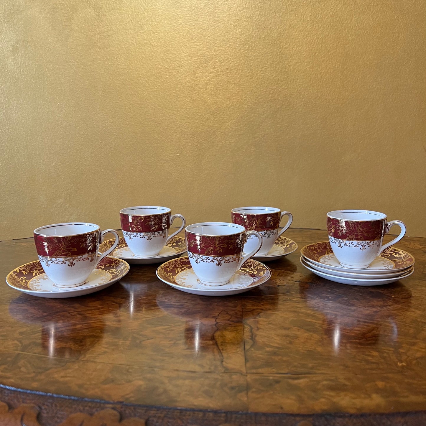 Vintage J & G Meakin Burgundy/Gold Coffee Cup & Saucer Five Sets