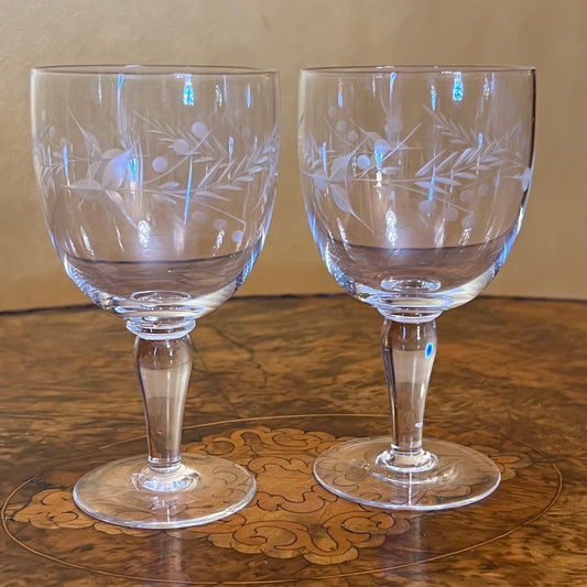 Vintage Etched Wine Glasses Pair