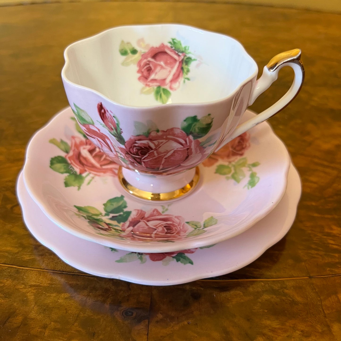 Vintage Queen Anne Rose Print Tea Cup Trio Set