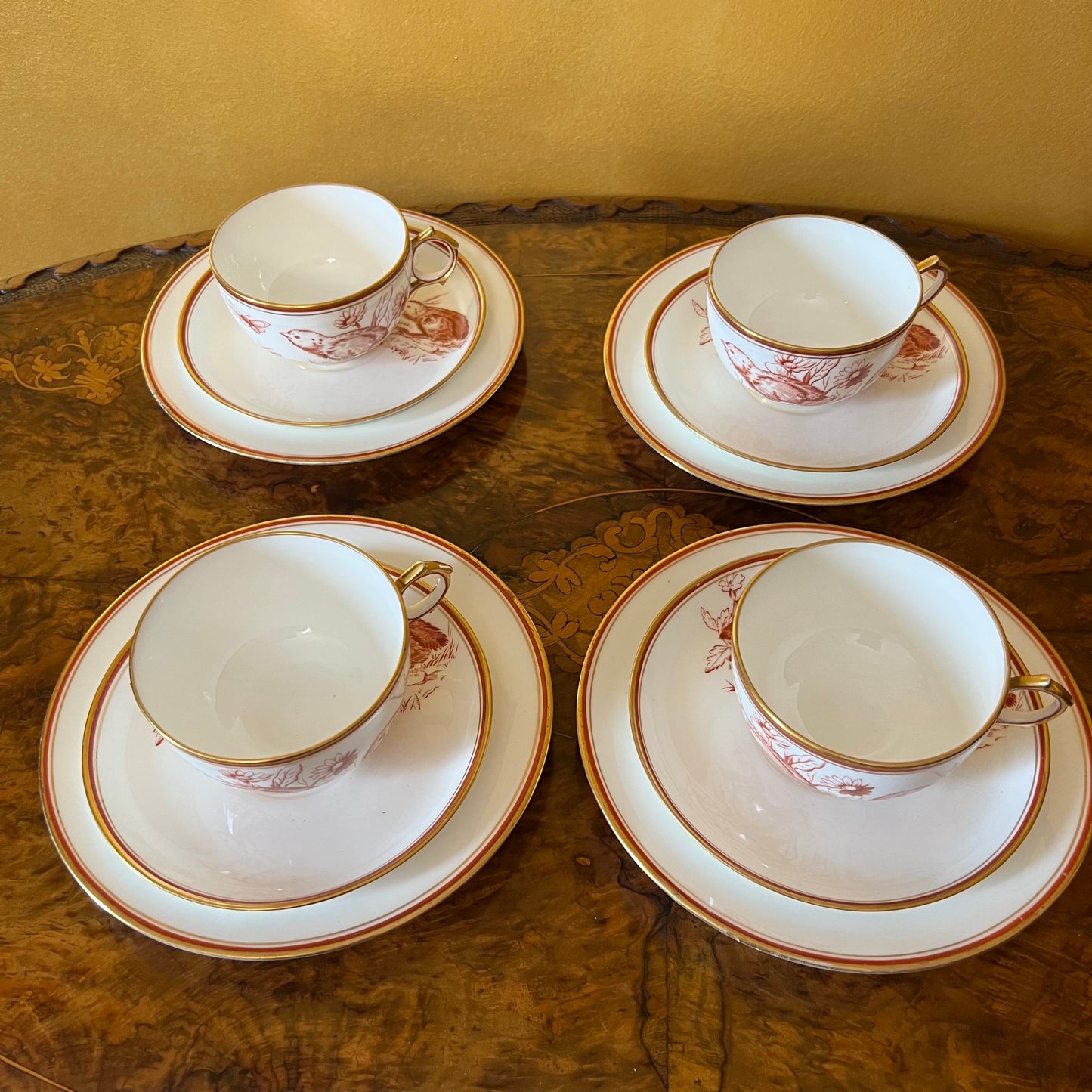 Victorian Red and Gilt Chick Tea Cup Trios Set Of Four