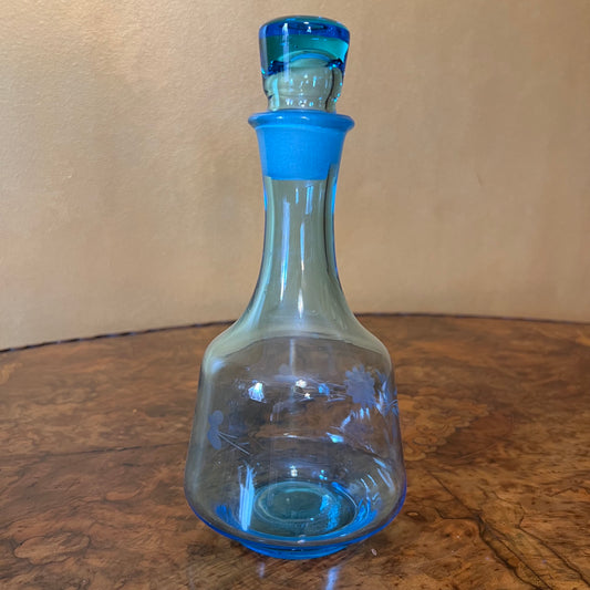 Vintage Blue Etched Glass Decanter