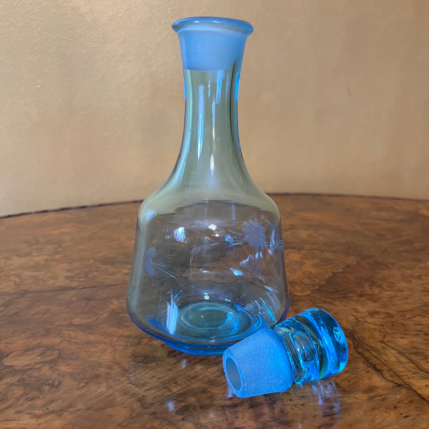 Vintage Blue Etched Glass Decanter