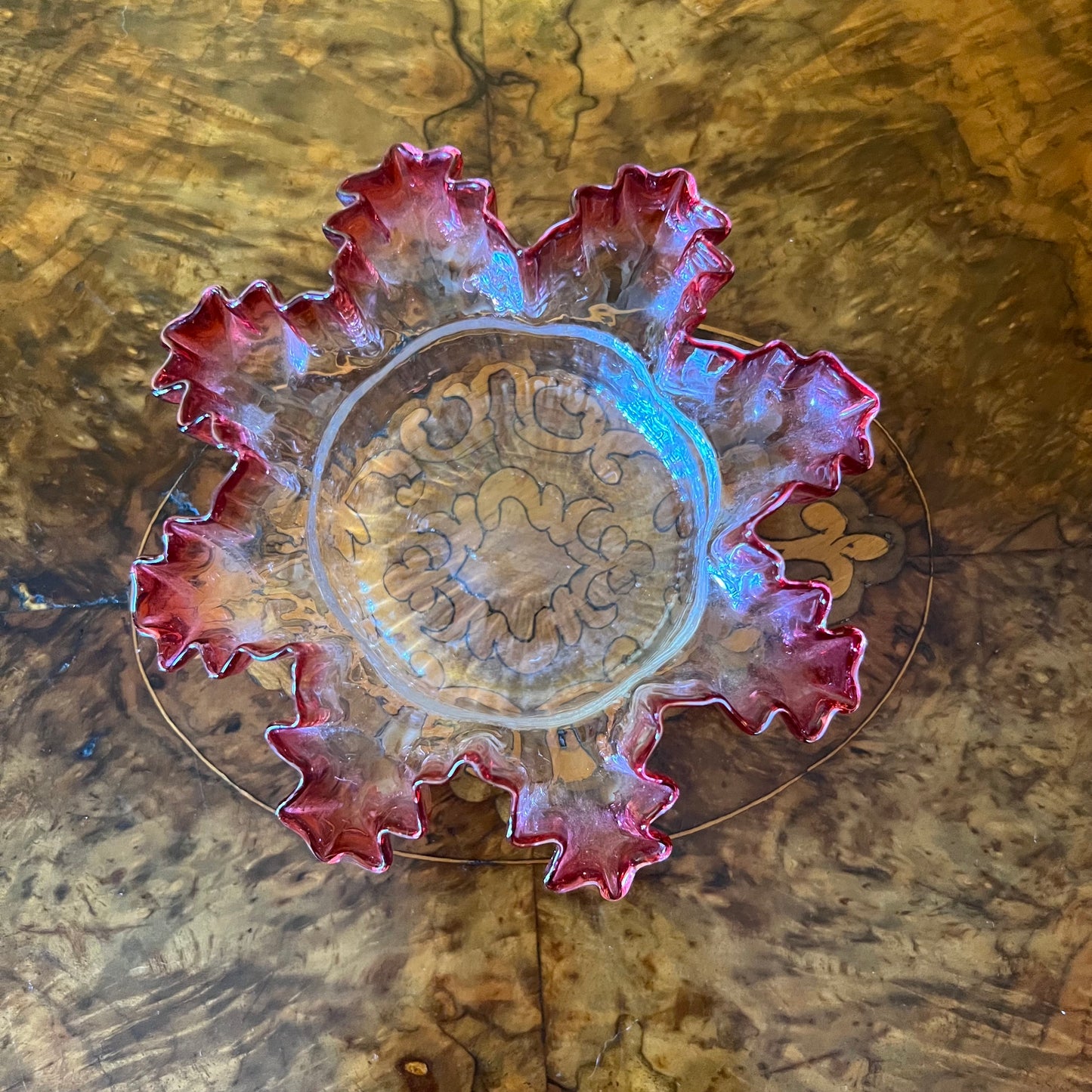 Vintage Hand Blown Red & Clear Small Bowl