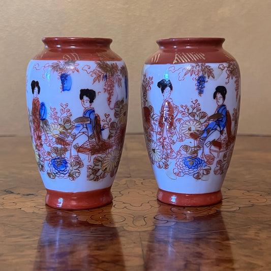 Vintage Foreign Japanese Geisha Print Mini Vases Pair