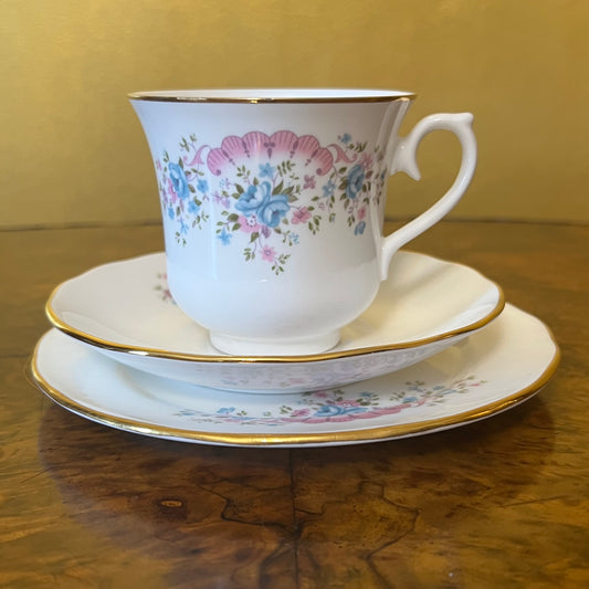 Vintage Queen Anne Pink Blue Floral Tea Cup Trio Set