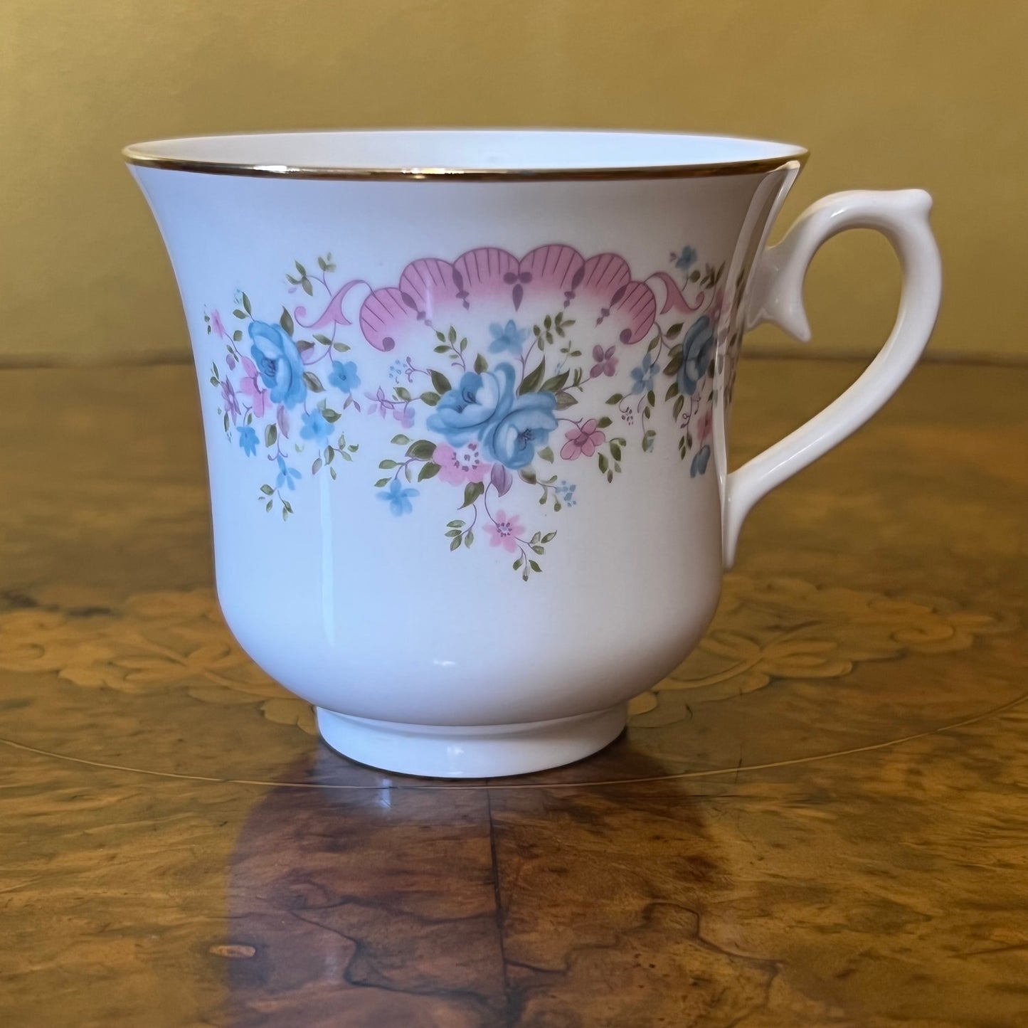 Vintage Queen Anne Pink Blue Floral Tea Cup Trio Set