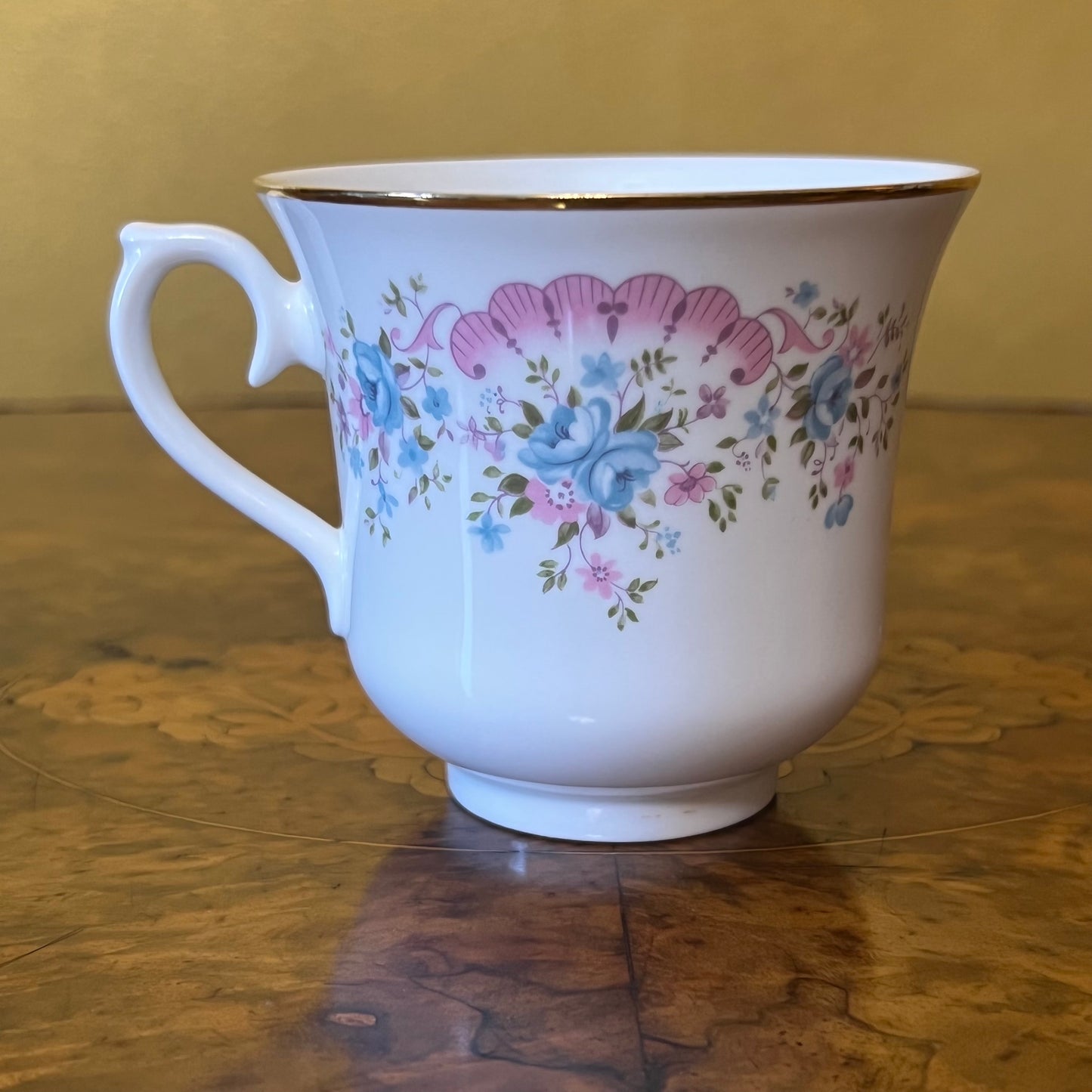 Vintage Queen Anne Pink Blue Floral Tea Cup Trio Set