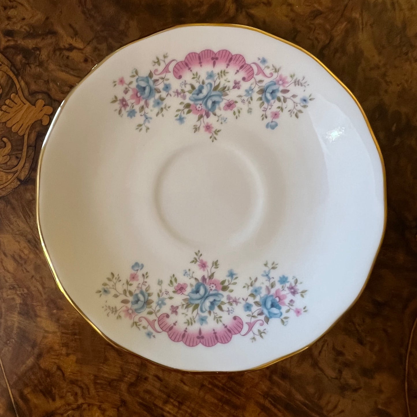 Vintage Queen Anne Pink Blue Floral Tea Cup Trio Set