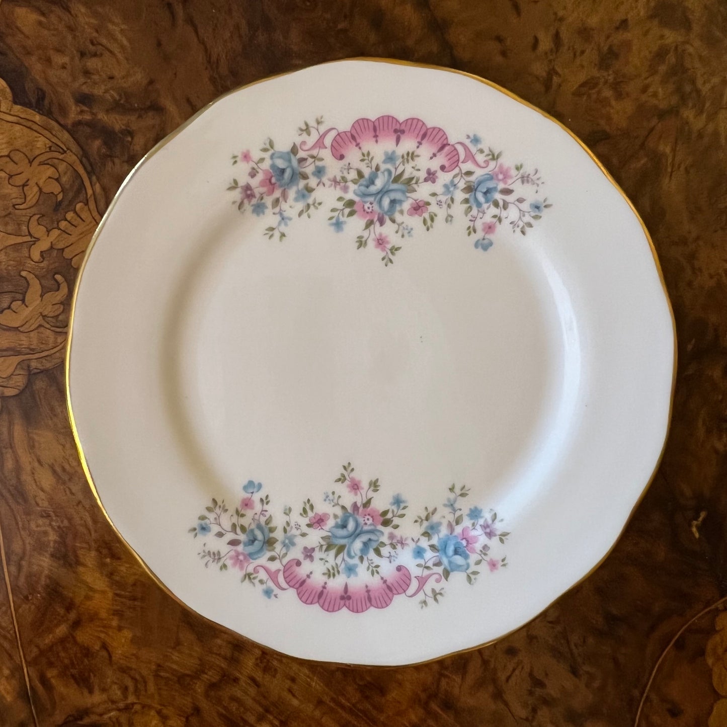 Vintage Queen Anne Pink Blue Floral Tea Cup Trio Set