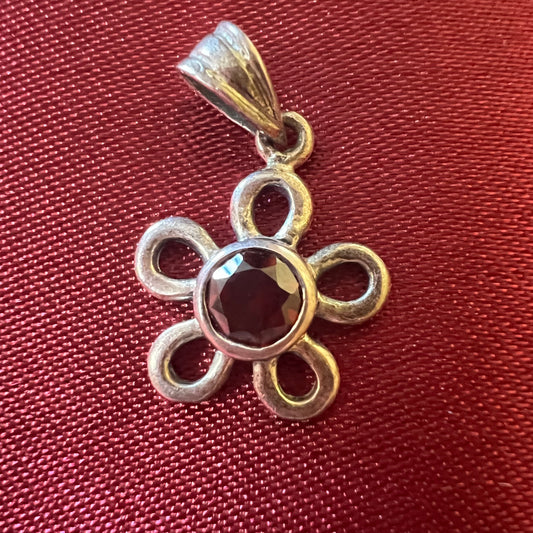 Vintage Sterling Silver Garnet Flower Pendant