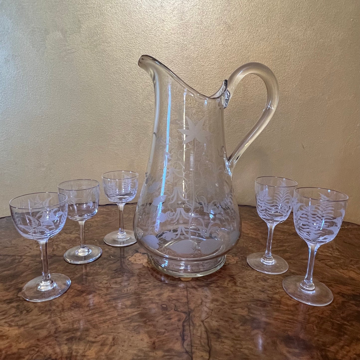 Vintage Crystal Etched Jug With Glasses