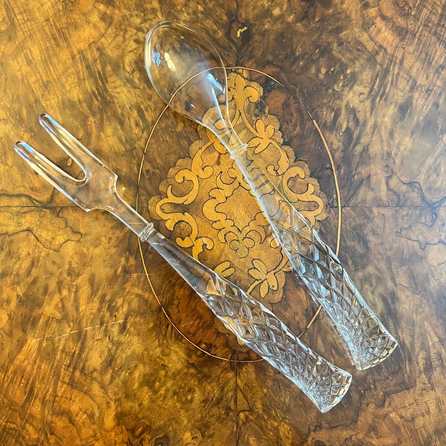 Vintage Glass Salad Serving Spoon & Fork