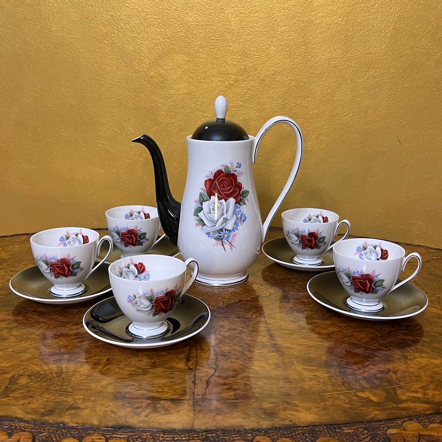 Vintage Queen Anne Black White Red Rose Coffee Set