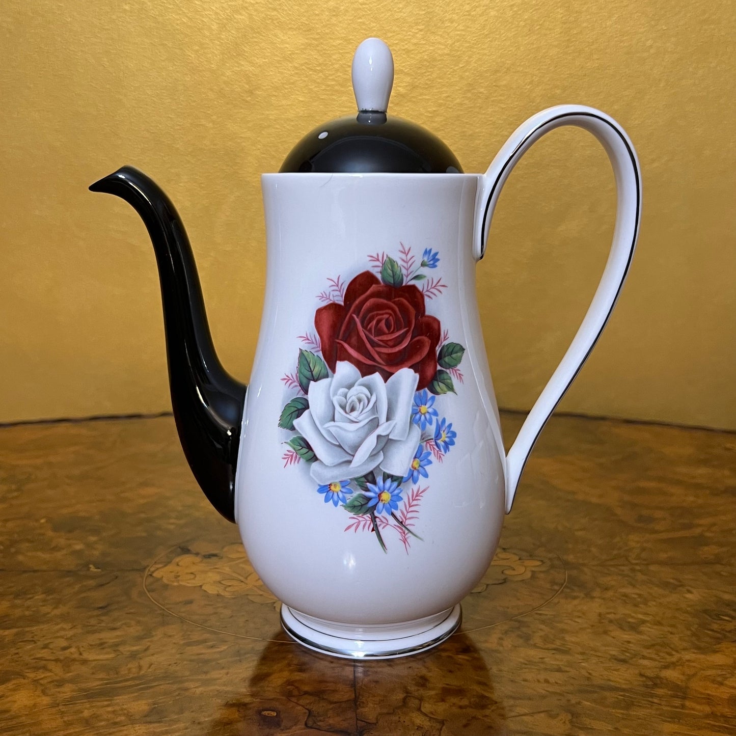 Vintage Queen Anne Black White Red Rose Coffee Set